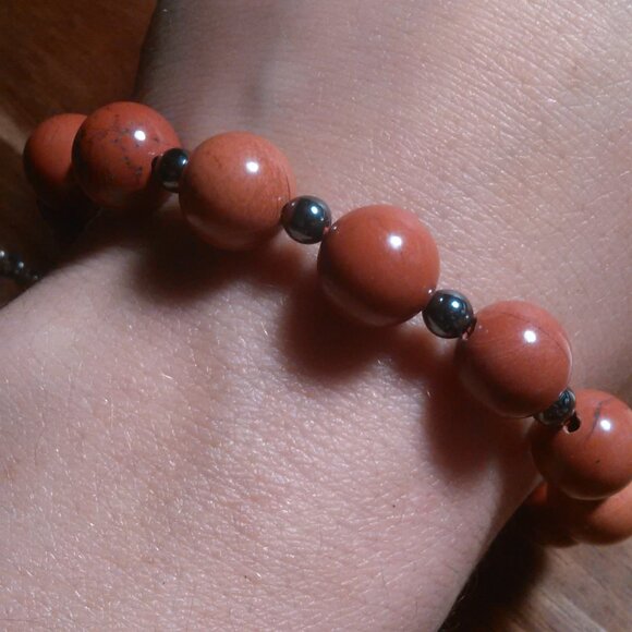 Red Jasper and Hematite Rhodium over Stainless Steel Beaded Bracelet - Picture 6 of 9
